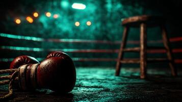 boxing ring stands empty evoking gritty atmosphere as fallen stool rests in corner. Sagging ropes hint recent action illuminated flickering fluorescent lights photo