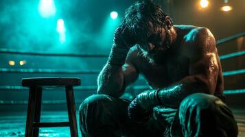 empty boxing ring emanates gritty atmosphere featuring fallen stool in corner and sagging ropes suggesting recent intense bout flickering lights photo