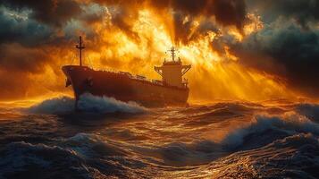 solitary tanker navigates tumultuous ocean waves as dark storm clouds loom above soft sunlight breaking through ominous atmosphere creating striking contrast photo