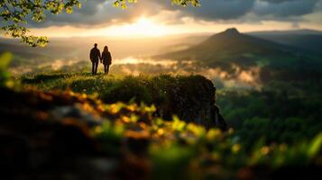 young couple stands hand in hand on edge of cliff surrounded towering misty peaks as sun sets creating breathtaking and adventurous atmosphere photo
