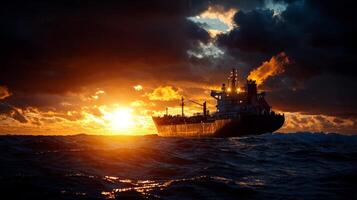 solitary tanker floats on horizon amidst towering storm clouds and choppy waves. Sunlight breaks through dark sky creating tranquil yet foreboding atmosphere dusk photo