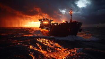 solitary tanker battles turbulent sea highlighted distant sunlight as dark storm clouds gather overhead. waves crash dramatically creating mix of tranquility and danger photo