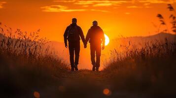 Two older men hike hand in hand along mountain trail silhouetted golden sunset. tranquil atmosphere highlights their adventure and connection in nature photo