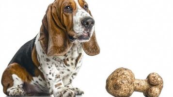 Basset Hound sits attentively bone in front of it eagerly chewing on treat. dog has distinctive coat mix of brown and black patches showcasing its playful nature photo