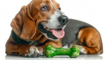 cheerful Basset Hound enjoys chewing on green bone while lying on white background. Its playful demeanor and shiny coat showcase dog's joyful personality captured beautifully photo
