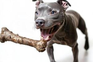 Blue Lacy dog joyfully chews on bone bright expression. setting is minimalistic allowing dog's features and bone stand out prominently photo
