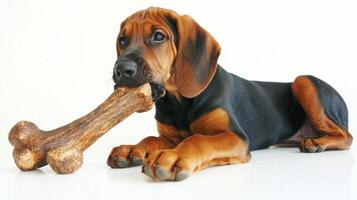black and tan coonhound lies comfortably on clean white surface enthusiastically chewing on large bone. dog's features are highlighted displaying its playful nature and focus on treat photo