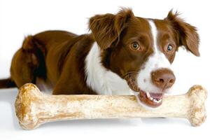 Brittany Spaniel is happily chewing on large bone playful expression. clean white background accentuates dog's fur and bright eyes emphasizing its enjoyment photo
