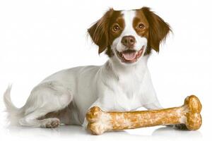 Brittany Spaniel enjoys chewing on bone enthusiasm. dog's playful expression and clean appearance stand out vividly against bright white backdrop photo