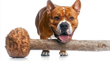 bulldog is happily chewing on large bone. dog appears content and engaged highlighting its playful nature in clean and seamless background photo