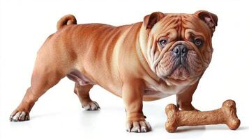 Bulldog stands on clean white background happily chewing on bone. Its muscular build and expressive face highlight its playful charm and strong character photo