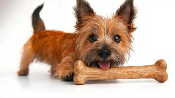 cute Cairn Terrier is engaged in chewing bone enthusiasm showcasing its playful nature and fluffy coat. bright white background emphasizes its features and charm photo