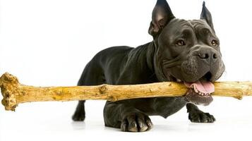 Cane Corso is happily chewing on large bone against spotless white background. dog's coat shines and its playful demeanor adds charm moment captured photo