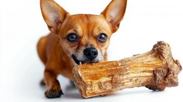 Chihuahua engages in enjoyable activity of chewing on large bone. scene captures dog's playful nature and effortless charm against bright white background enhances its features photo