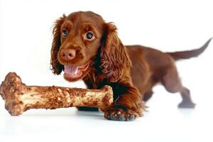 playful Cocker Spaniel is chewing on large bone while looking joyful. clean white background highlights dog's rich brown fur and bright eyes emphasizing its energetic nature photo
