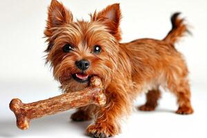 Cairn Terrier has playful expression as it chews on bone. setting is bright and clean highlighting dog's fur and enthusiasm for treat photo