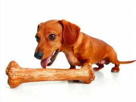 playful Dachshund is happily chewing on large bone. dog has shiny coat and appears content as it enjoys activity on bright white background photo