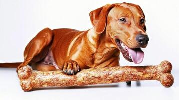 Coonhound happily chews on large bone showcasing its playful nature. dog's warm fur contrasts against bright white background creating inviting scene of joy and contentment photo