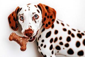 playful Dalmatian dog is savoring bone while displaying energetic and joyful demeanor. Its striking spots add charm clean background photo