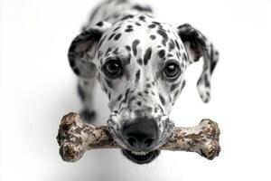 Dalmatian is happily chewing on robust bone while posed against clean white background. dog's playful demeanor and detailed markings are highlighted beautifully photo