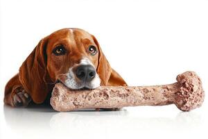 Foxhound is resting on clean white surface happily chewing on large bone. dog's focused expression shows its enjoyment during playtime treat photo