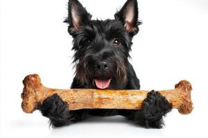 Giant Schnauzer is happily chewing on large bone. playful dog is centered in frame clean white background showcasing its shiny black fur and joyful expression photo