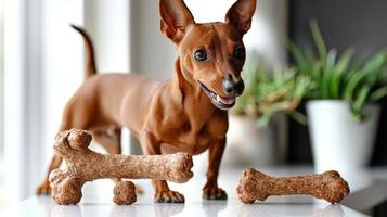 German Pinscher is joyfully chewing on bone surrounded clean white background showcasing its playful nature and focus on treat photo