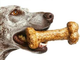 German Shorthaired Pointer enjoys chewing on bone showcasing its playful nature against clean white backdrop. dog's focus on bone highlights its dedication and joy photo