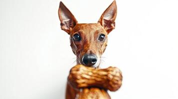 greyhound is seen chewing on bone showcasing its playful demeanor against spotless white backdrop. dog's expression is lively and engaging capturing moment of joy photo