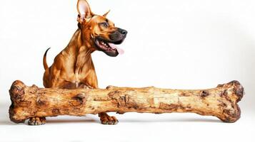 Great Dane chews on oversized bone showcasing its playful nature against pristine white backdrop. breed's features are highlighted in lively setting photo