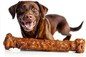 happy Labrador Retriever is caught in moment of delight while chewing on large bone. playful expression shows enthusiasm and joy as pet enjoys its treat photo