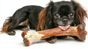 Japanese Chin is happily chewing on bone showcasing its playful nature. dog has shiny coat and bright eyes adding charm moment photo