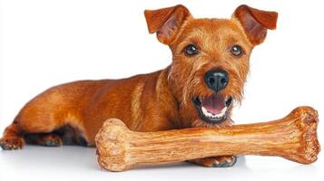 Lakeland Terrier lies on clean white surface joyfully chewing bone. Its bright eyes and shiny coat highlight dog's lively personality and enthusiasm for playtime photo