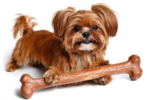Lhasa Apso is joyfully chewing on bone displaying playful attitude. clean white background highlights its vibrant fur and charming features creating delightful scene photo