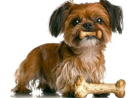 Lhasa Apso is happily chewing on bone demonstrating its playful nature against pristine white backdrop. scene captures its friendly demeanor and radiant fur photo