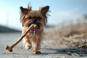 Lhasa Apso happily chews on bone showcasing its playful nature against clean white background. image captures dog's detailed fur and expression photo