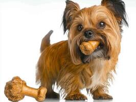 Lhasa Apso is seen chewing on bone while standing on clean white surface. dog's fur is fluffy and well groomed showcasing its playful nature and energy photo