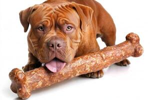Neapolitan Mastiff is focused on chewing large bone exhibiting its strong jaws and playful demeanor against clean white background photo