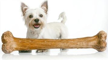 playful Maltese is happily chewing on large bone while standing against clean white background. dog's joyful expression highlights its delightful nature and enthusiasm for play photo