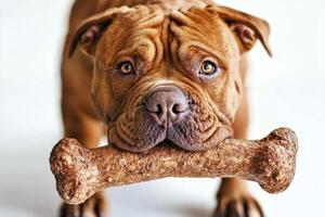charming Mastiff is happily chewing on bone while standing against bright white backdrop. dog's expressive eyes and wrinkled face highlight its playful nature photo