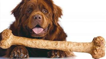 Newfoundland dog is clearly focused on chewing large bone showcasing its playful nature against pristine white background. Its fur is rich and fluffy photo