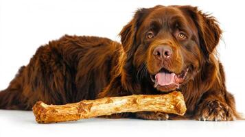 friendly Newfoundland dog is lying on clean white background happily chewing on large bone. Its shiny coat and playful expression reflect pure joy during activity photo