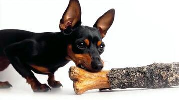 Miniature Pinscher is engaging interesting bone. its sleek coat and playful demeanor dog absorbs itself in delightful experience of chewing photo