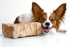 cheerful Papillon is happily chewing on bone displaying its playful nature. setting features clean white background highlighting dog's vibrant expression and fluffy fur photo