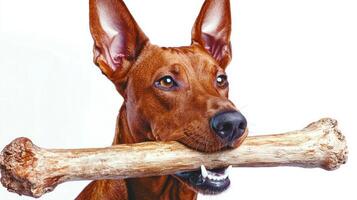 Pharaoh Hound enjoys chewing on large bone enthusiasm. dog's features are highlighted against clean white background showcasing its beautiful coat and playful nature photo