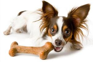 Papillon enthusiastically chews on bone while lying on clean white surface. dog's joyful expression and striking fur details create lively and engaging atmosphere during playtime photo