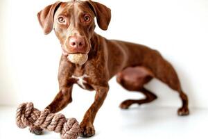 Pointer is seen chewing on bone playful expression. setting features clean white background highlighting dog's activity and personality photo