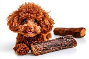 playful Poodle enjoys chewing on wooden bone showcasing its charming personality on pristine white background. dog radiates happiness and curiosity photo