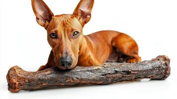 Pharaoh Hound is relaxing on clean white surface while chewing on bone. dog's elegant features and playful demeanor are highlighted in hyper realistic portrayal photo