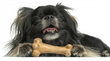 Pekingese enjoys chewing on bone blissful expression against clean white background. dog's joyful demeanor showcases its playful nature and love for treats photo